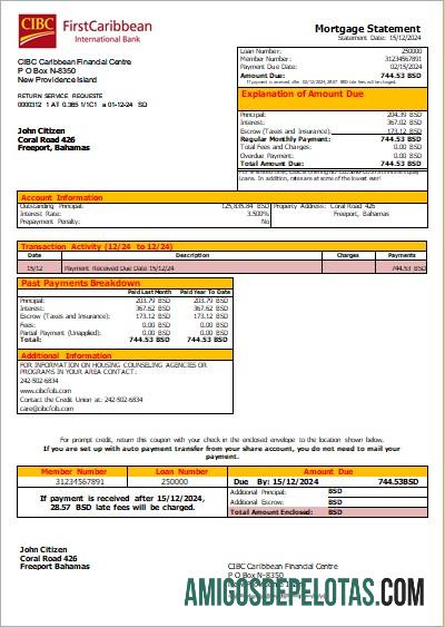 Bahamas CIBC Caribbean Bank Declaração de hipoteca bancária Scr exemplo